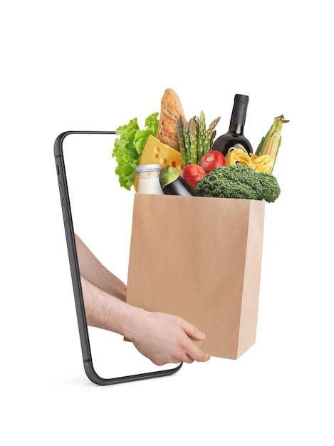 a person holding a brown paper bag full of vegetables and wine bottles in it's back