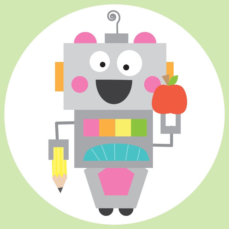 a cartoon robot holding a pencil and an apple