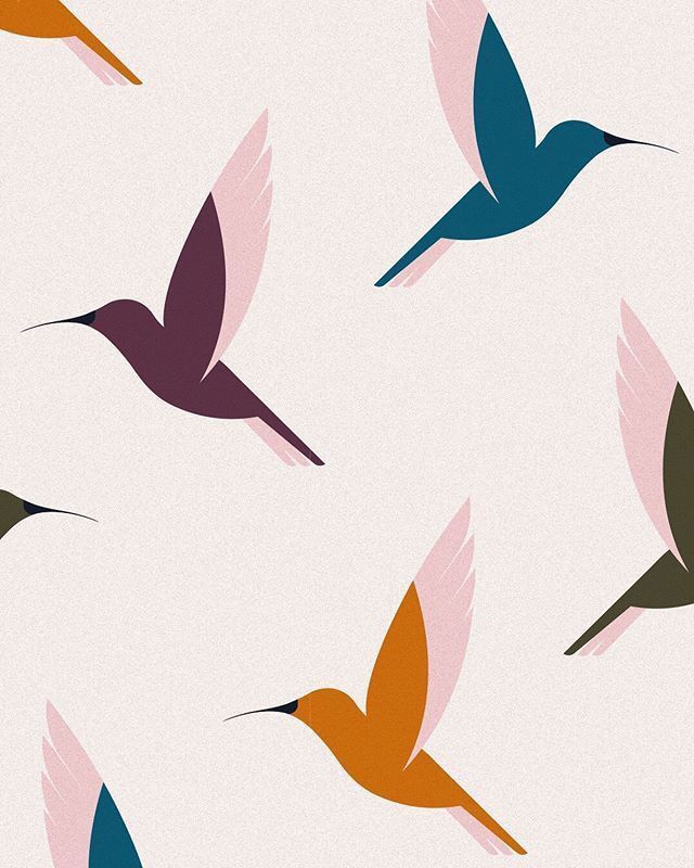 a flock of birds flying through the air on a white background with pink, green and blue colors