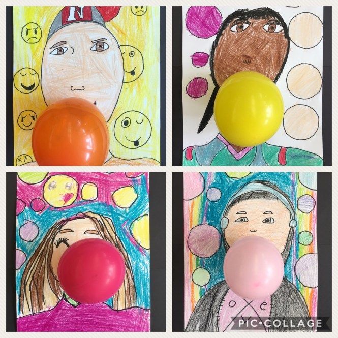 four different pictures with balloons and faces on them