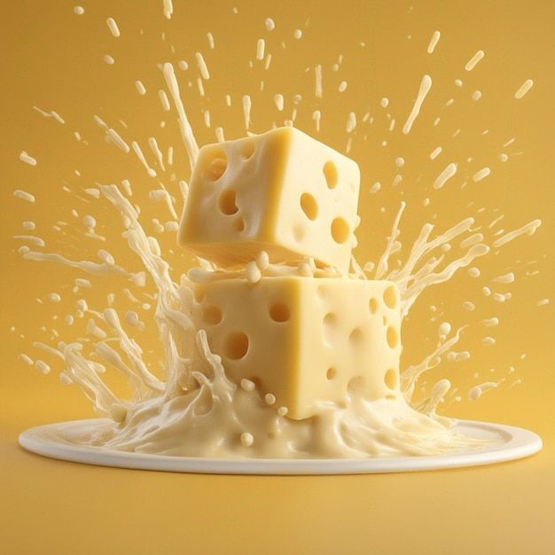 two pieces of cheese falling into milk on a white plate with splashing water around them