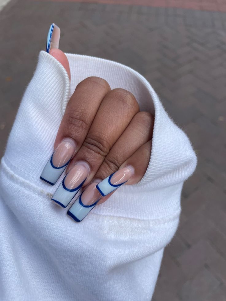 French Tip With Outline Acrylic Nails, Blue Outlined French Tip Nails, Blue Outline French Tip Nails, Icy Blue French Tip Nails, Blue Outline Nails, French Tip Outline Nails, Outlined French Tip Nails, French Outline Nails, Outline French Tip Nails