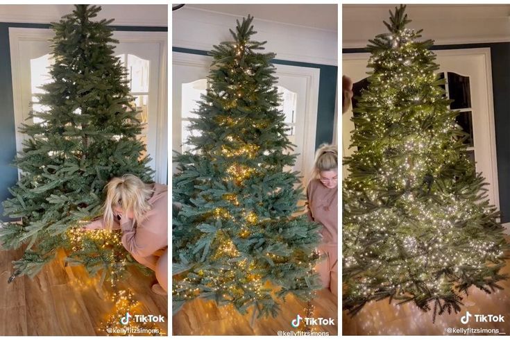 three different pictures of christmas trees with lights on them