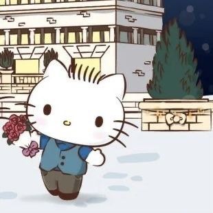 a hello kitty walking in the snow with a bouquet of flowers next to a building