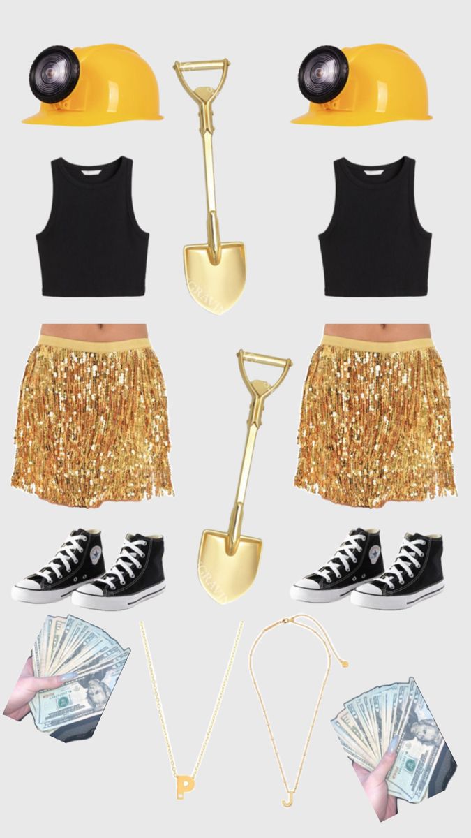 a set of clothing and accessories with gold sequins