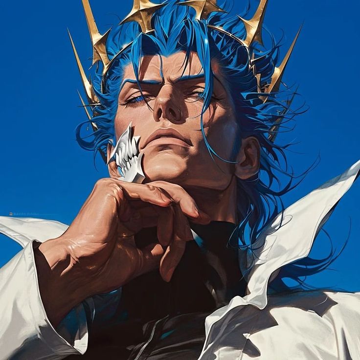 a painting of a man with blue hair and crown on his head