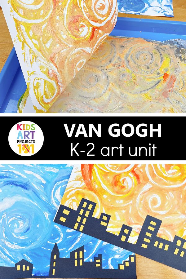 Van Gogh Starry Night Art Project for Kids Van Gogh Art Projects For Kids, Van Gogh Art Lesson, Elementary Art Classroom, Art Unit, Art Shelf, Kindergarten Art Lessons, Art Project For Kids, Artist Study, Kindergarten Art Projects