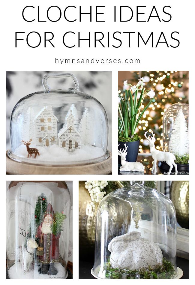 christmas cloches and decorations in glass domes