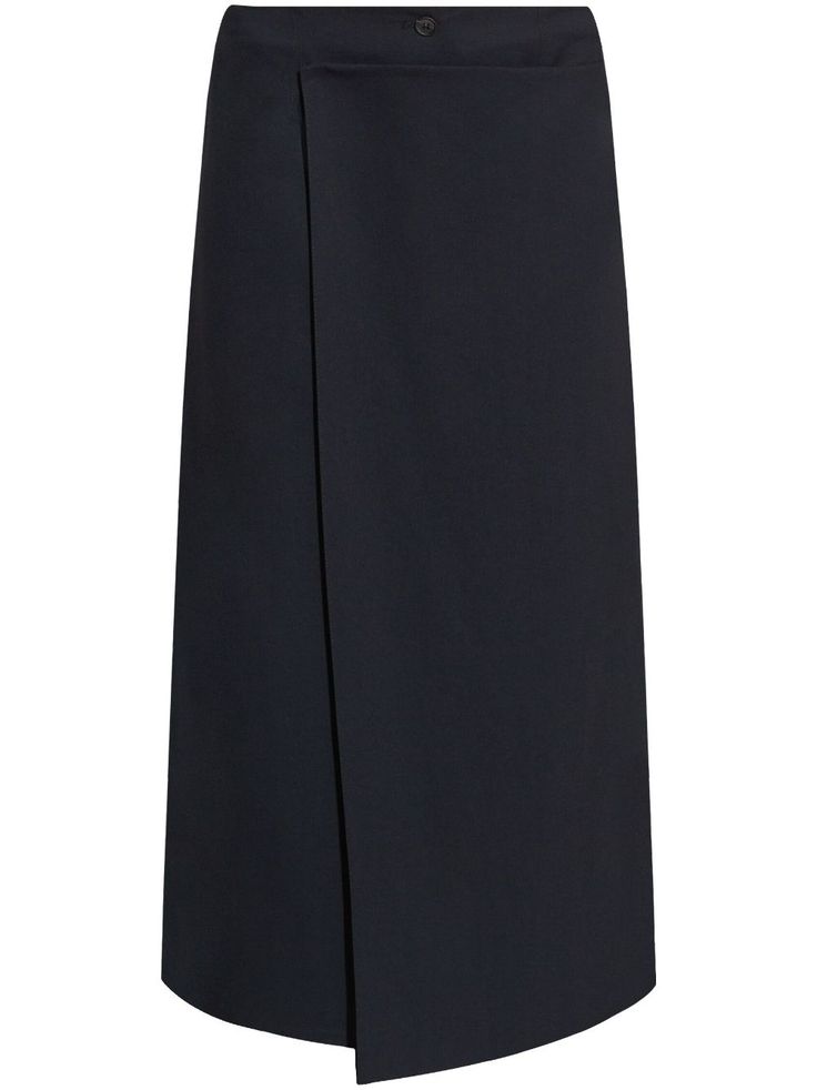 midnight blue high-waisted pleat detailing straight hem mid-length Knee-length Pleated Wrap Skirt For Work, Relaxed Fit Midi Wrap Skirt For Work, Asymmetrical Pleated Maxi Skirt For Work, Asymmetrical Workwear Maxi Skirt With Pleats, Workwear Asymmetrical Maxi Skirt With Pleats, Blue Midi Length Pleated Skirt For Workwear, Chic Midi Length Wrap Skirt For Workwear, Asymmetrical Pleated Wrap Skirt For Work, Asymmetrical Pleated Waist Skirt For Work