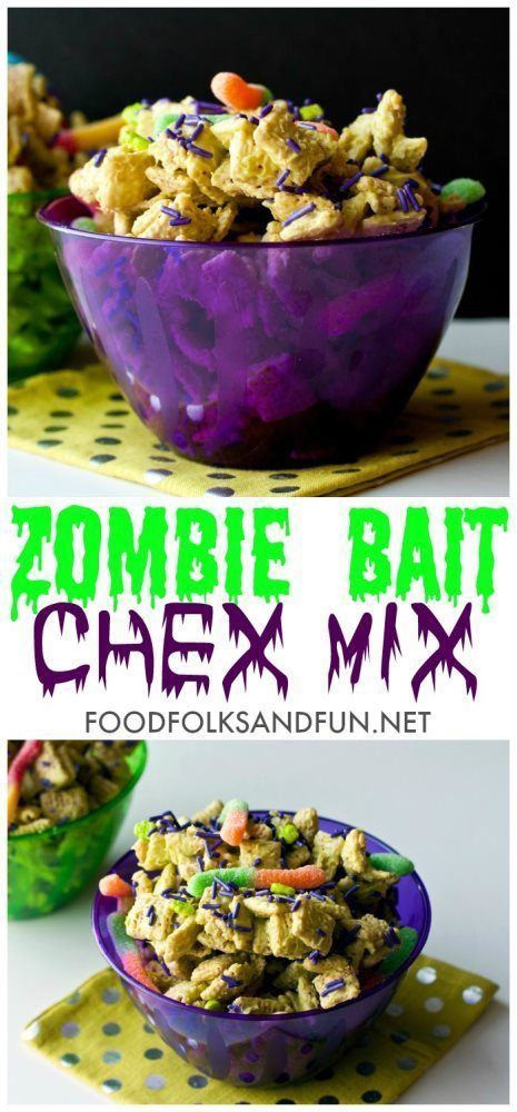 a purple bowl filled with food next to another bowl full of food and the words zombie bat chex mix