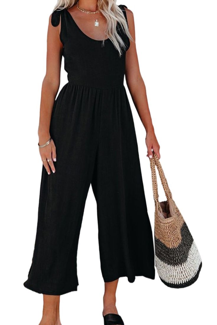 Lace-up Strap Wide Leg High Waist Jumpsuit Stretch Jumpsuits And Rompers For Beach Season, Vacation Strapless Jumpsuit, One-piece Jumpsuits And Rompers For Beach Season, Casual Strapless Overall Jumpsuit For Beach, Chic Black Strapless Jumpsuit For Beach, Spring Black Strapless Jumpsuit For Beach, Black Strapless Jumpsuit For Beach In Spring, Spring Black Strapless Jumpsuit For The Beach, Black V-neck Strapless Jumpsuit For Summer