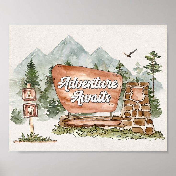 a watercolor painting of the sign for adventure awaits with mountains in the background