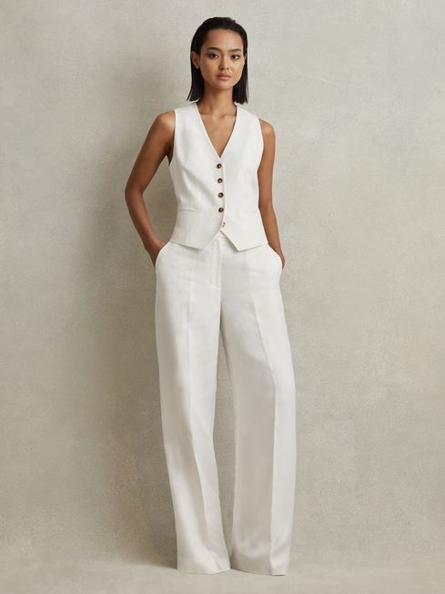 REISS USA Linen Suits Women, Waistcoat Outfit, Tailored Clothes, Womens Wide Leg Pants, Linen Suits, Suit Trousers, Linen Suit, Trouser Suits, White Pants