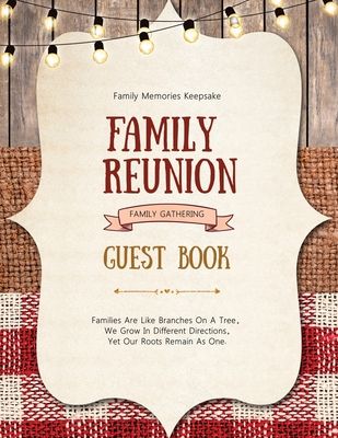 the family reunion guest book is displayed on a wooden table with plaid cloth and lights