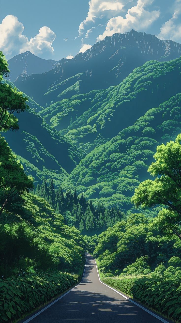 a painting of a road in the mountains with trees on both sides and blue sky above