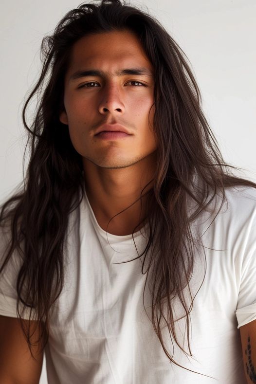 a man with long hair wearing a white shirt