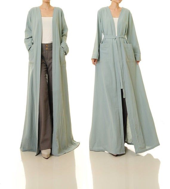 Linen Robe | Kimono Cardigan | Dusty Mint Kimono Robe | Cotton Linen Duster Coat | Linen Kimono | Li Full Length Cardigan, V-neck Summer Outerwear With Pockets, V-neck Outerwear With Pockets For Spring, V-neck Outerwear With Pockets For Summer, Summer V-neck Outerwear With Pockets, Fitted Cotton Open Front Outerwear, Fitted Cotton Outerwear With Open Front, Long Summer Outerwear With Pockets, V-neck Outerwear With Pockets For Daywear