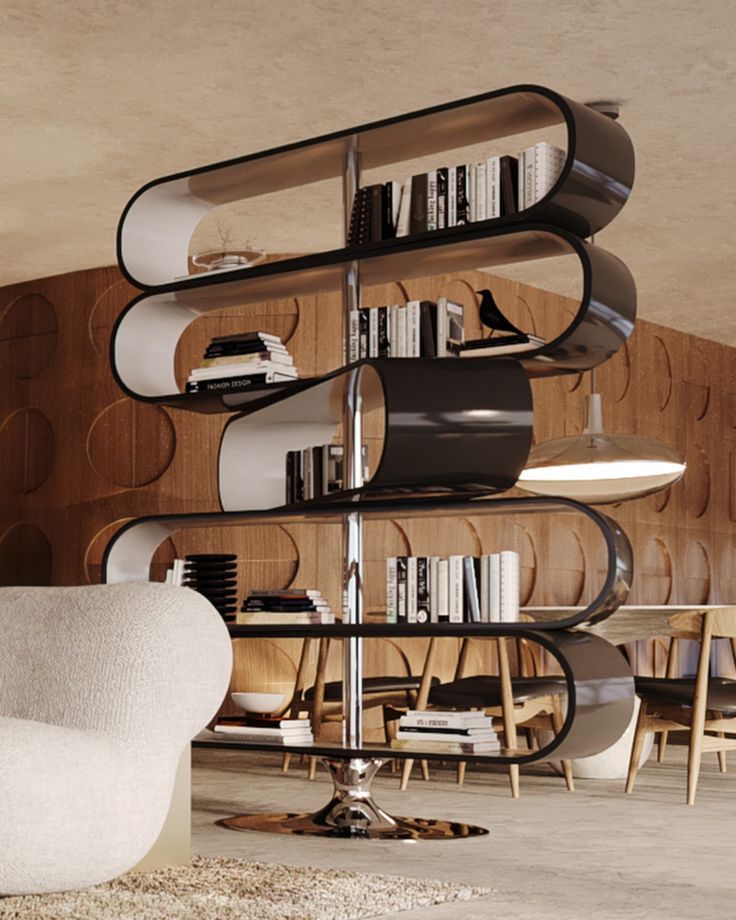 a living room filled with furniture and bookshelves next to a wall mounted book shelf