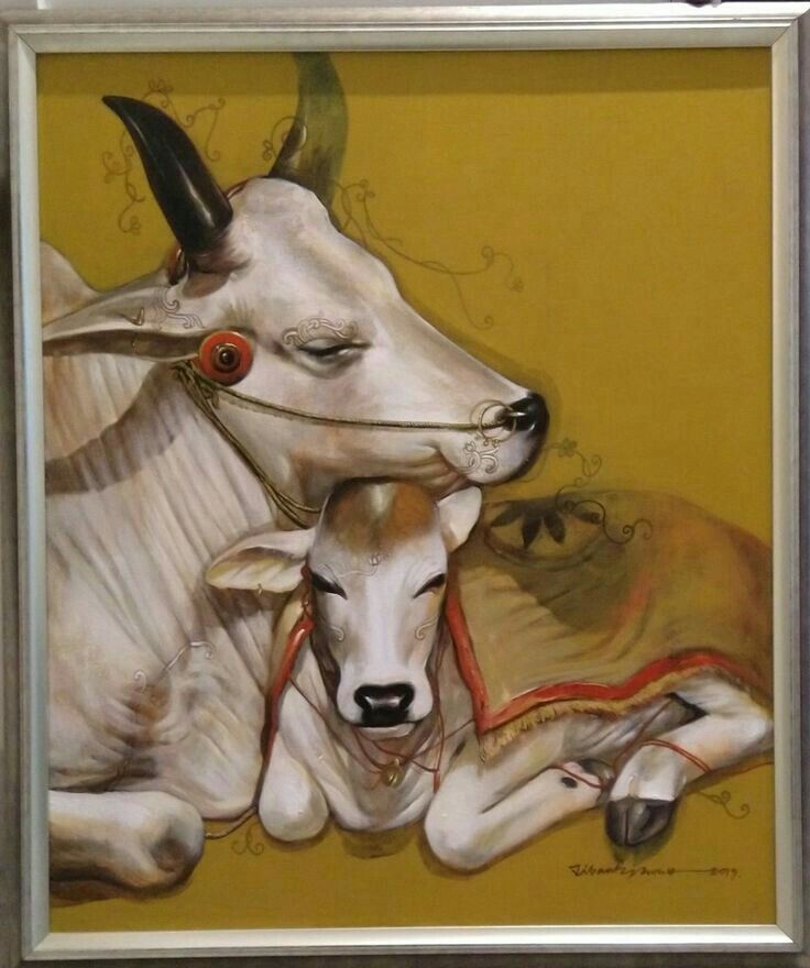 an oil painting of two bulls laying down