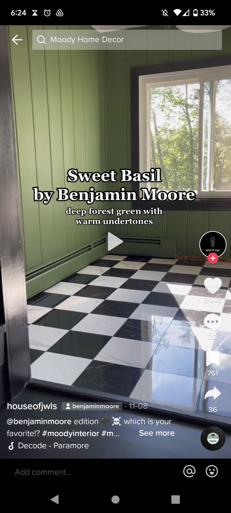 an image of a black and white checkered floor with the words sweet basil by benjamin moore