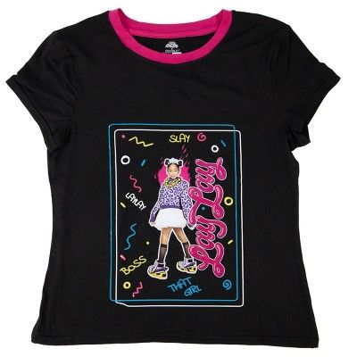 Your child will love wearing this That Girl Lay Lay Boss Short-Sleeve Shirt with all of their fave bottoms, whether they are dancing or singing at home like their favorite TV star or playing outside. This pullover tee is made from a soft and stretchy fabric and hits below the waist for comfortable all-day wear, and it's finished in a versatile black shade with hot pink trim on the crewneck for added flair. A vibrant boxed illustration of the teen hip-hop icon is depicted across the front, along Trendy Cotton Tops For Playwear, Fitted Letter Print Top For Playwear, Fitted Tops With Letter Print For Playwear, Playful Black T-shirt For Spring, Playful Black Fitted Tops, 90s Black Tops With Character Print, Playful Fitted Black Tops, Black Short Sleeve T-shirt For Play, Trendy Graphic Print Tops For School