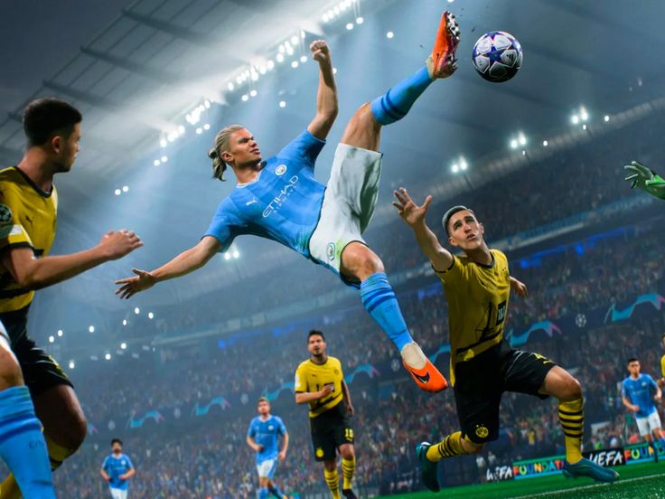 a soccer player is kicking the ball in front of his team mates during a game