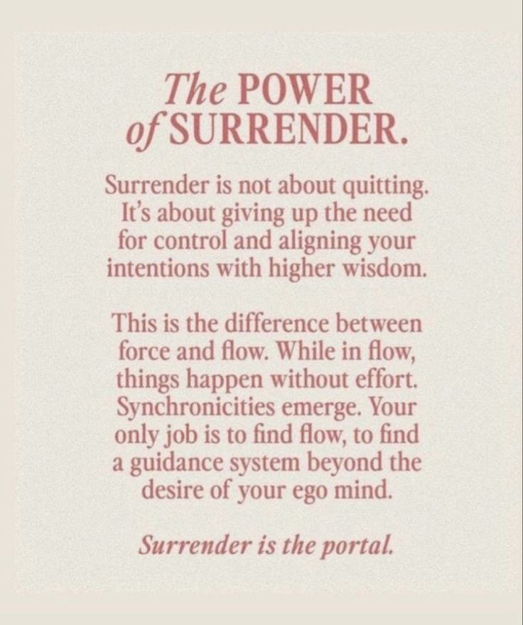 a poem written in red and white with the words, the power of surrender