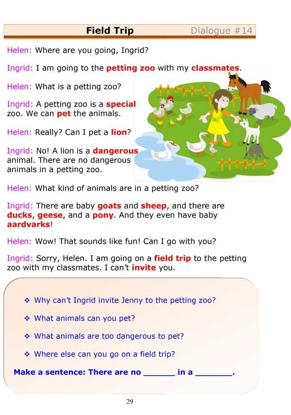 an animal and its surroundings with the words field trip in english, which include animals