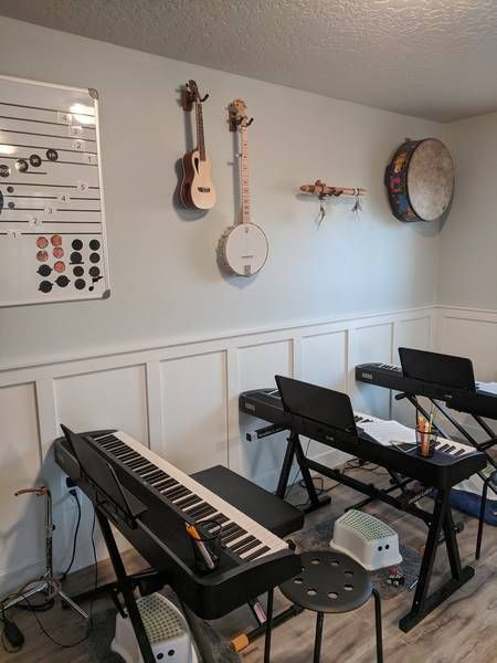 a room with two keyboards and musical instruments on the wall