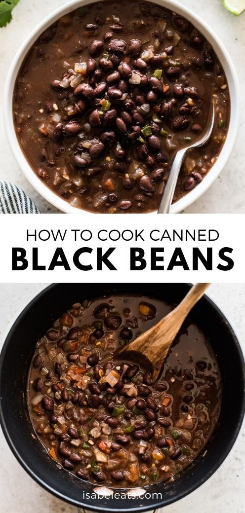 two pictures showing how to cook canned black beans