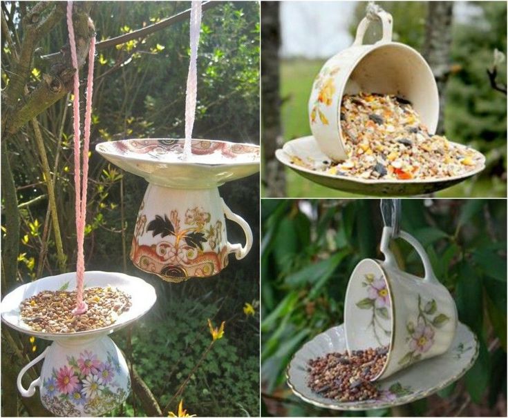 four different pictures of bird feeders with birds in them