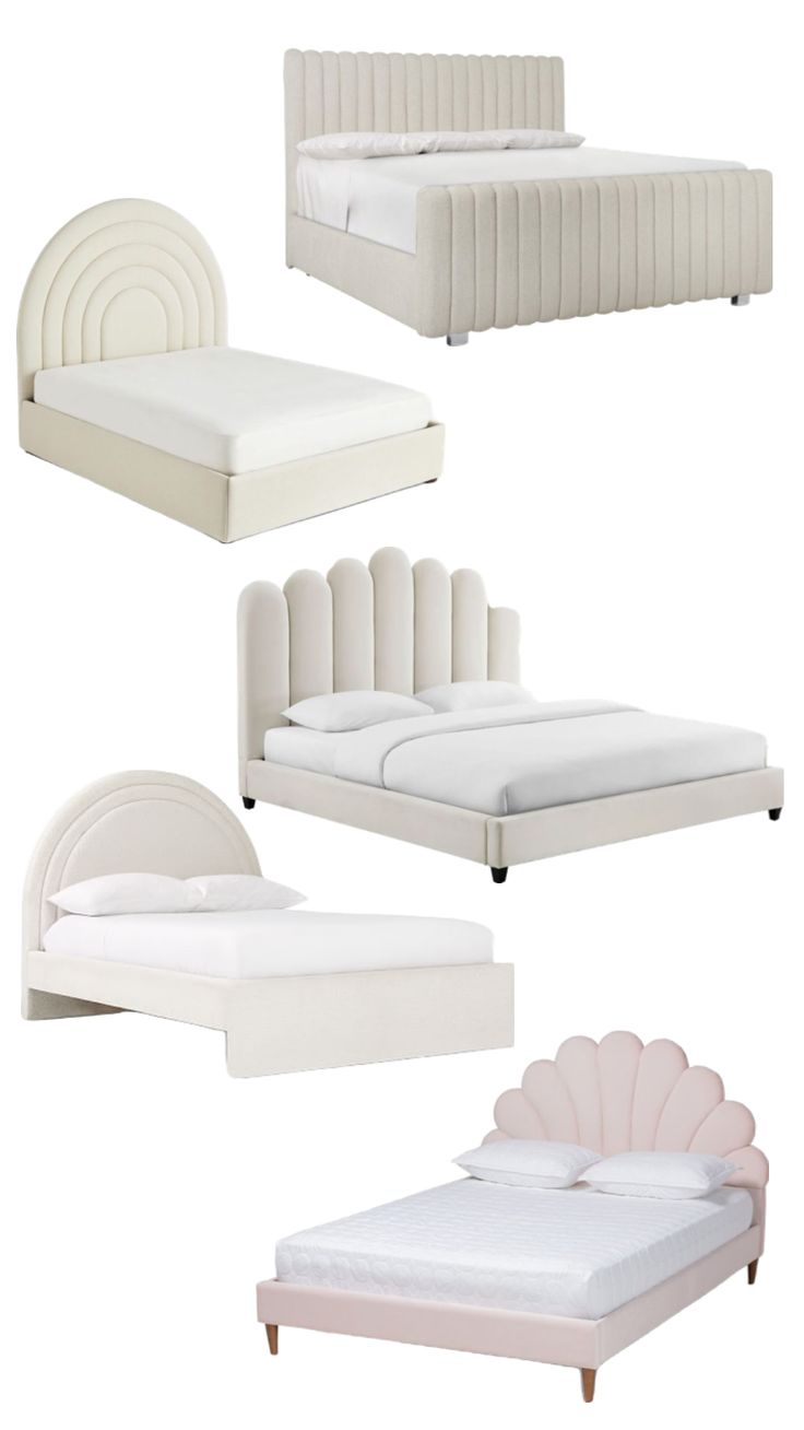 four different types of beds with shell shaped headboards and foot boards on each side