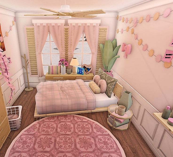 a bedroom decorated in pink and white with lots of decorations