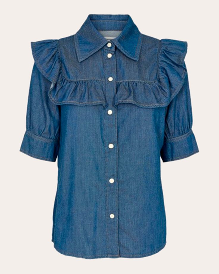 Mid Blue Indigo Luxury Indigo Tops For Fall, Luxury Casual Indigo Shirt, Affordable Light Indigo Button-up Denim Top, Cheap Light Indigo Button-up Denim Top, Luxury Indigo Tops For Women, Luxury Washed Blue Button-up Shirt, Cheap Indigo Cotton Denim Top, Sustainable Style, Circular Economy