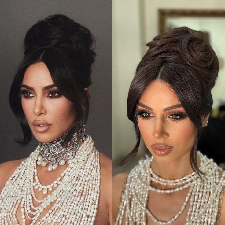 Kim Kardashian Hairstyles Bun, Big Bun Updo, Side Part Bridal Updo, Wedding Top Knot Hair, Hollywood Glamour Hair Updo, High Ponytail Wedding Hair With Veil, Up Dos For Medium Hair With Bangs, Barbie Updo Hairstyle, Hollywood Hair Updo