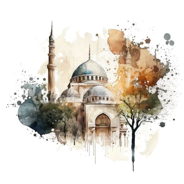 an artistic painting of a mosque with watercolor paint splatters on it's walls