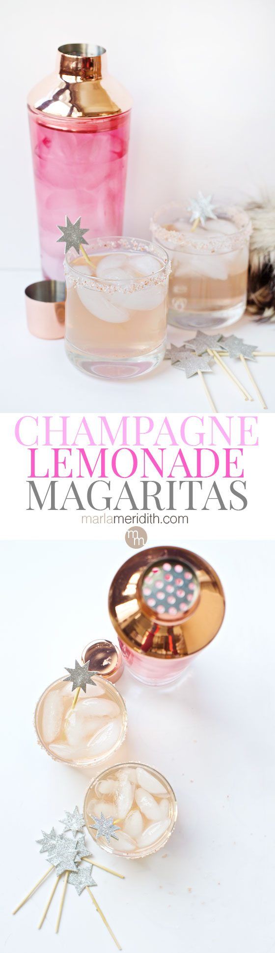 champagne lemonade macarifias are on the table with pink and gold decorations