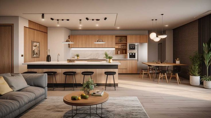 a living room filled with furniture next to a kitchen and dining area in the background