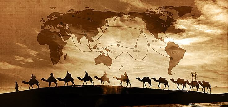 a group of people riding on the backs of camels across a desert with a world map in the background