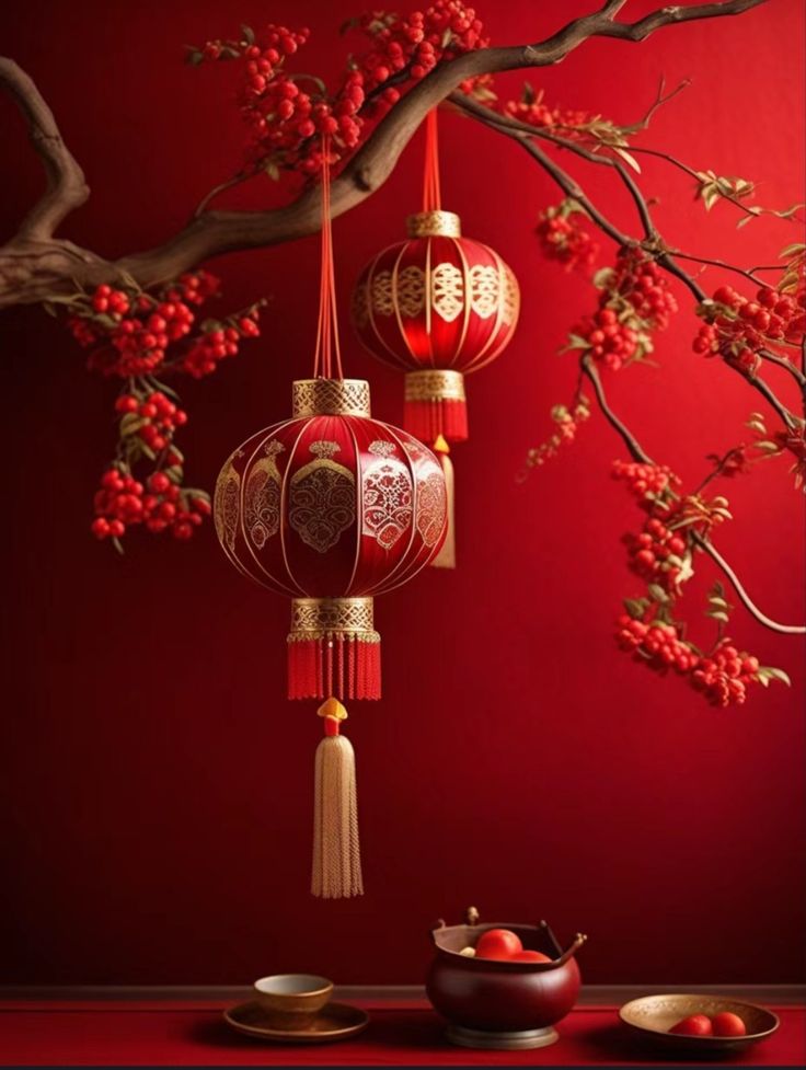 two red lanterns hanging from a tree next to plates and bowls on a table with berries