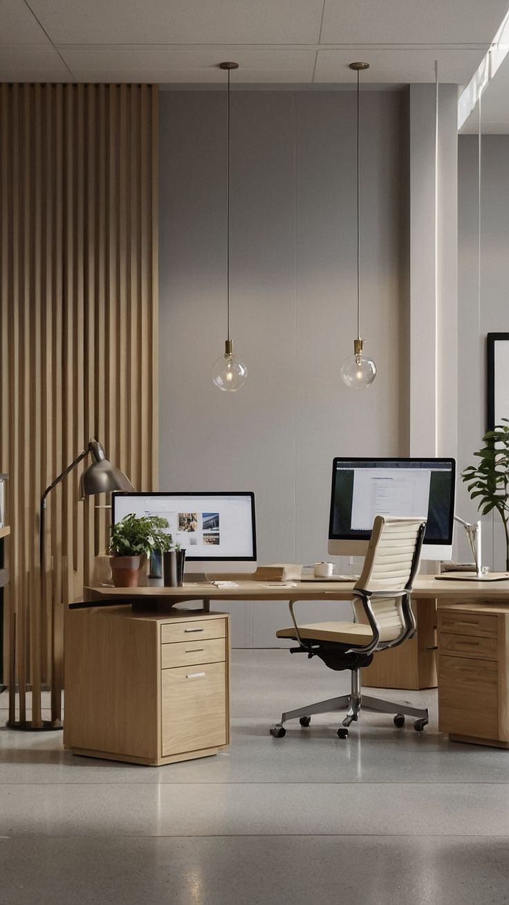 an office with two desks and three monitors on the wall, along with a potted plant