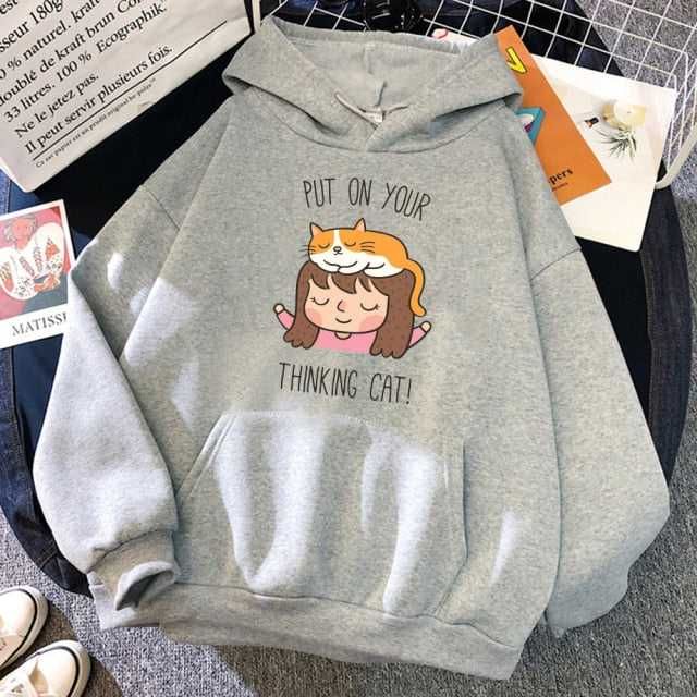 grey color cat hoodies made for men with a picture of a little girl and an orange cat playing with each other and a funny pun written on the hoodie Cute Cotton Hoodie With Cartoon Print, Cute Gray Sweatshirt For Winter, Long Sleeve Cotton Hoodie With Cat Print, Gray Cotton Sweatshirt With Cartoon Print, Casual Gray Sweatshirt With Cartoon Print, Cotton Cat Print Hoodie Sweatshirt, Casual Cat Design Hoodie For Fall, Casual Cat Design Hoodie Sweatshirt, Cotton Hoodie Sweatshirt With Cat Print