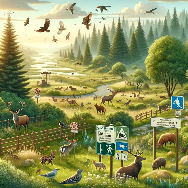 a painting of many animals and birds in the grass near a road with a fence