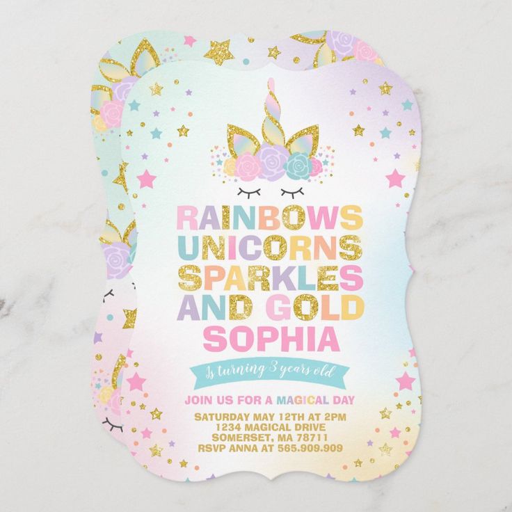 the unicorn birthday party is set on top of a marble slab with gold stars and rainbows