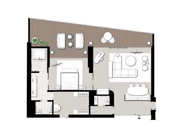 the floor plan of an apartment with two beds and one living room, including a dining area