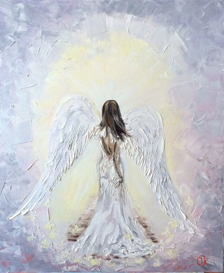 a painting of an angel with white wings on a purple and yellow background, looking down at the ground