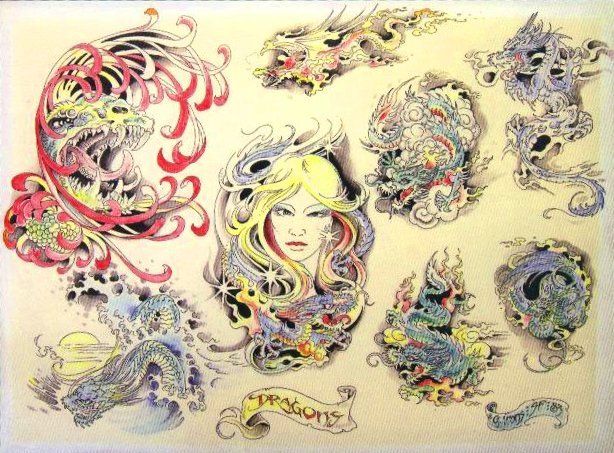 a drawing of some kind of art work with many different designs on the back of it