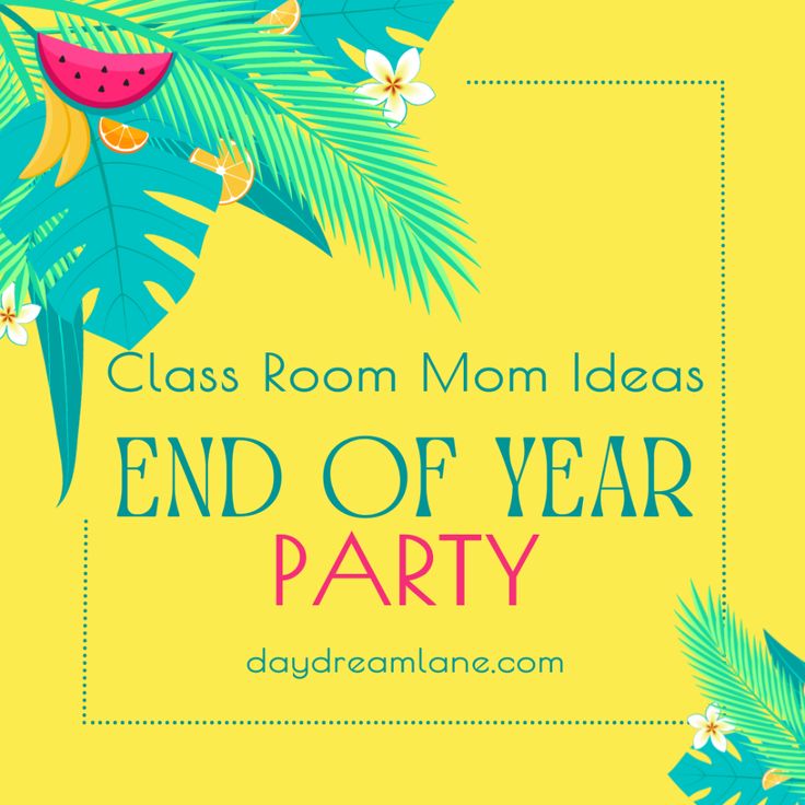 the end of year party sign with watermelon and palm leaves on yellow background