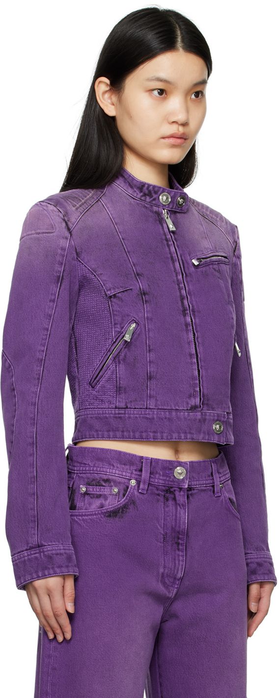 Non-stretch denim biker jacket. Fading throughout. · Adjustable press-stud closure at stand collar · Zip closure · Zip pockets · Press-stud fastening at cropped hem · Two press-stud barrel cuffs · Calfskin logo patch at back hem · Full cupro lining · Logo-engraved silver-tone hardware Supplier color: Black/Dark orc Purple Denim Jacket, Biker Chic Fashion, Denim Biker Jacket, Purple Denim, Versace Jacket, Dark Denim Jacket, Versace Pink, Womens Biker Jacket, Biker Chic