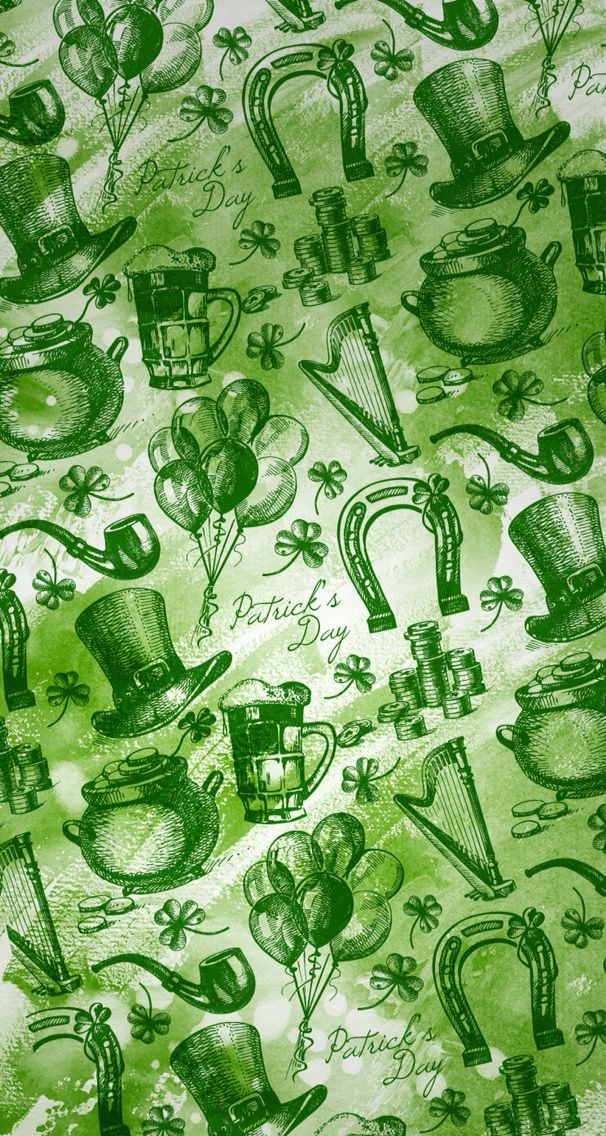 a green and white background with shamrocks, hats, harps and other items